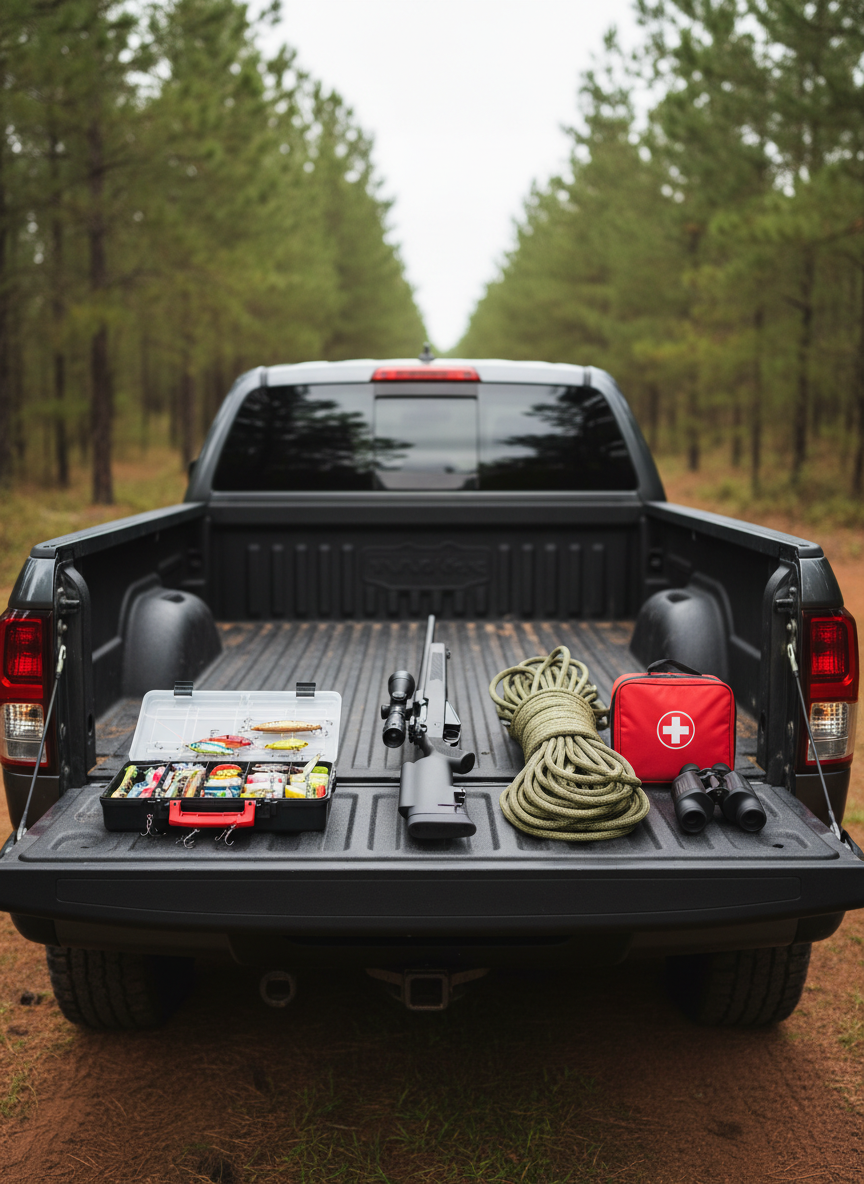 A sleek, professionally organized hunting and fishing gear layout on the tailgate of a rugged pickup truck parked beside a quiet forest trail. A modern bolt-action rifle in a matte finish, a carefully coiled climbing rope, a compact first-aid kit, high-end binoculars, and a neatly arranged tackle box with shimmering lures are all meticulously placed on a dark rubber mat. Overcast daylight creates soft, even lighting with minimal shadows, emphasizing every texture and detail. Photographic realism, shot from a slightly elevated angle, using a centered but balanced composition. The atmosphere is calm, methodical, and professional, highlighting preparedness and respect for safety in the outdoors, with the blurred suggestion of tall pines and a dirt road behind.