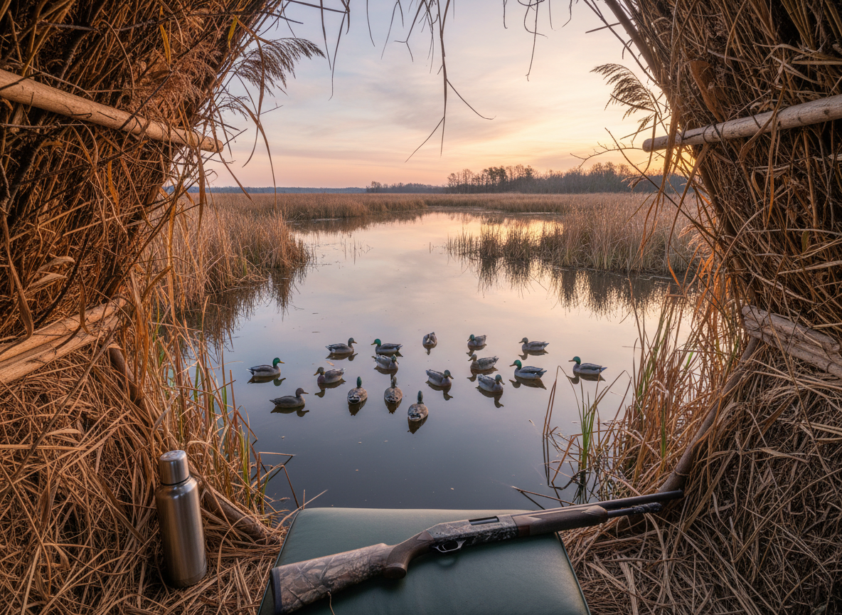 A crisp autumn morning scene on the edge of a wide marshland, with tall golden reeds swaying around a carefully camouflaged duck blind made of natural grasses and branches. A decoy spread floats on the glassy water, reflecting the soft pastel tones of the sunrise sky. A well-worn camouflage shotgun rests safely on a padded seat inside the blind, with a stainless-steel vacuum bottle tucked into the corner. Photographic realism, shot from just inside the blind looking outward, using the framing of reeds to create depth. Soft, low-angle sunrise light casts a warm glow and long reflections, creating a mood of quiet anticipation and professional focus on ethical waterfowl hunting.