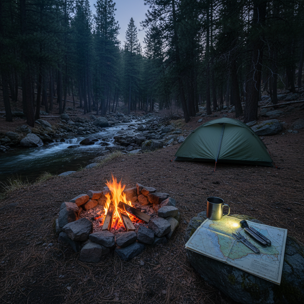 A quiet forest clearing at dusk where a compact, efficient campsite is set up beside a clear mountain stream. A small, low-profile tent stands near a carefully tended fire ring with a gentle, controlled flame and glowing embers. A metal camp mug rests on a flat rock, and a rolled topo map lies open beside a headlamp and multi-tool. Soft blue-hour light mingles with the warm orange glow of the fire, creating a balanced, cinematic contrast. Photographic realism, shot at eye level with a medium-wide lens that captures both intimate details and the surrounding dark pines. The atmosphere is calm, competent, and reassuring, emphasizing safe, respectful adventure in nature.