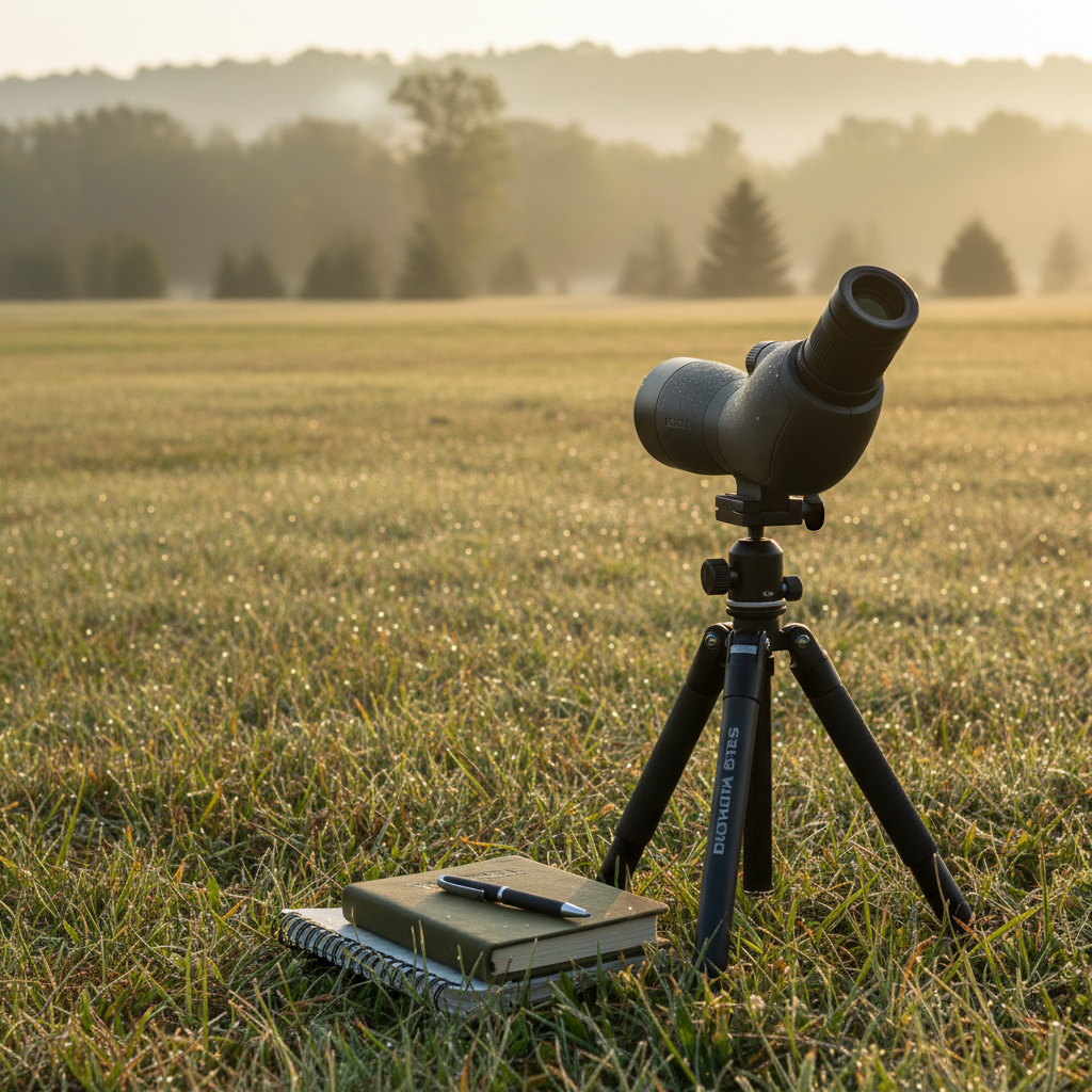 A broad, open meadow at sunrise where a lightweight tripod-mounted spotting scope points toward distant tree lines and rolling hills, suggesting glassing for wildlife or game. Dew-covered grass in the foreground glistens with tiny highlights as the first golden rays of sun cut horizontally across the field. A compact field guide and a weatherproof notebook lie neatly beside the tripod’s legs. Photographic realism, shot from a side angle at knee height, with the scope in sharp focus and the background hills rendered softly to emphasize depth. The mood is quiet, disciplined, and observant, perfectly capturing the methodical side of hunting and wildlife watching within an outdoor lifestyle brand.
