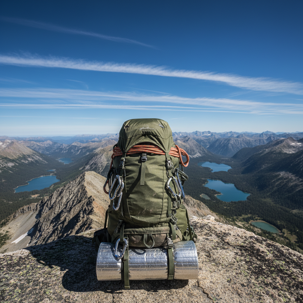 A high-altitude hiking ridge scene where a sturdy, fully loaded technical backpack rests on a rocky outcrop, overlooking a sweeping panorama of jagged peaks, alpine lakes, and distant forests. The pack’s straps, carabiners, and rolled sleeping pad show subtle scuffs that hint at many adventures. Thin clouds streak across a deep blue sky, and cool midday sunlight creates crisp, high-contrast details on the rocks and gear. Photographic realism, shot from a low angle with the backpack dominating the foreground and the dramatic landscape stretching out below. The mood is bold and aspirational, capturing the essence of adventure and self-reliance central to an outdoor lifestyle business.