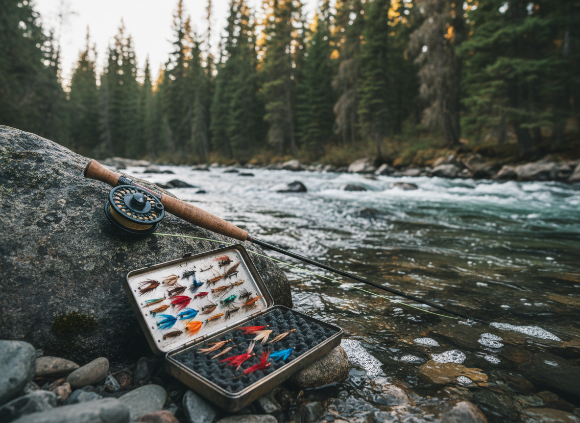 A powerful river cutting through a dense evergreen forest, with a solitary, well-used fly-fishing rod propped on a moss-covered rock at the water’s edge. Crystal-clear water flows over smooth stones, catching sparks of late afternoon sunlight that filter through high branches. A small, open fly box showcases meticulously tied, colorful flies resting on weathered foam. Photographic realism, captured from a low angle near the shoreline, focusing on the rod and flies while the rushing river and dark green forest soften into a gentle bokeh. The mood is serene and contemplative yet adventurous, conveying dedication to craft and a deep connection to wild places, ideal for an outdoor lifestyle brand.