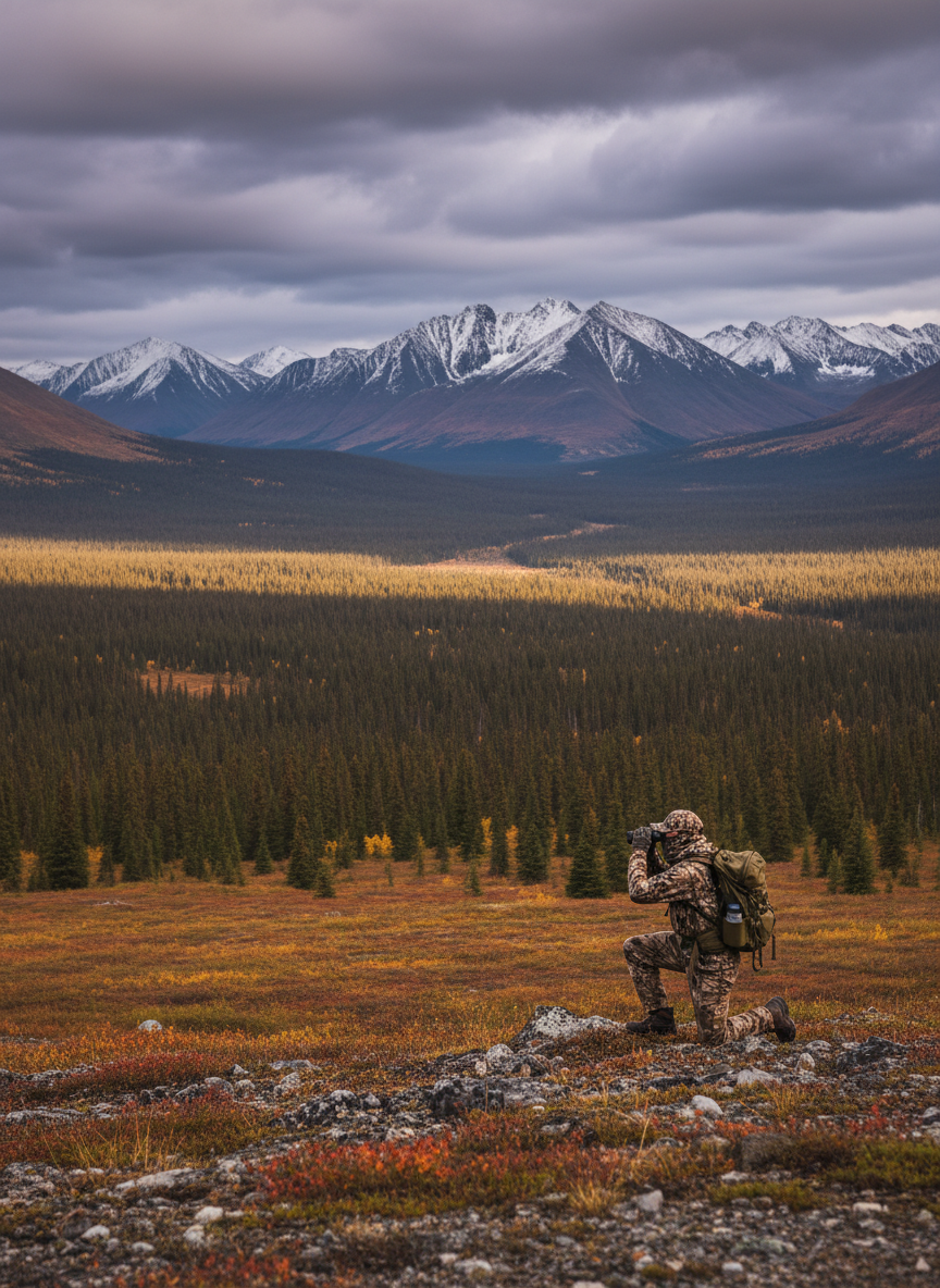 A dramatic wilderness hunting scene in Alaska — a hunter in full camo gear glassing a vast mountain valley with snow-capped peaks in the background, dense boreal forest below, overcast moody sky, golden autumn tundra colors, raw and remote Alaskan backcountry feel, cinematic wide shot, professional outdoor photography