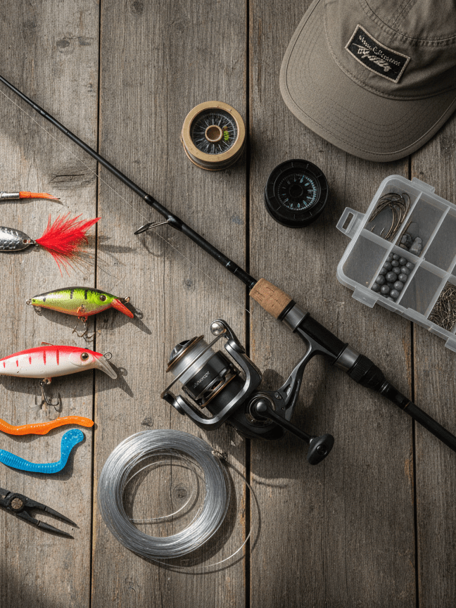 A professional and detailed flatlay of fishing gear including a fishing rod, reel, various lures, hooks, fishing line, tackle box, and accessories arranged on a rustic wooden surface with natural light