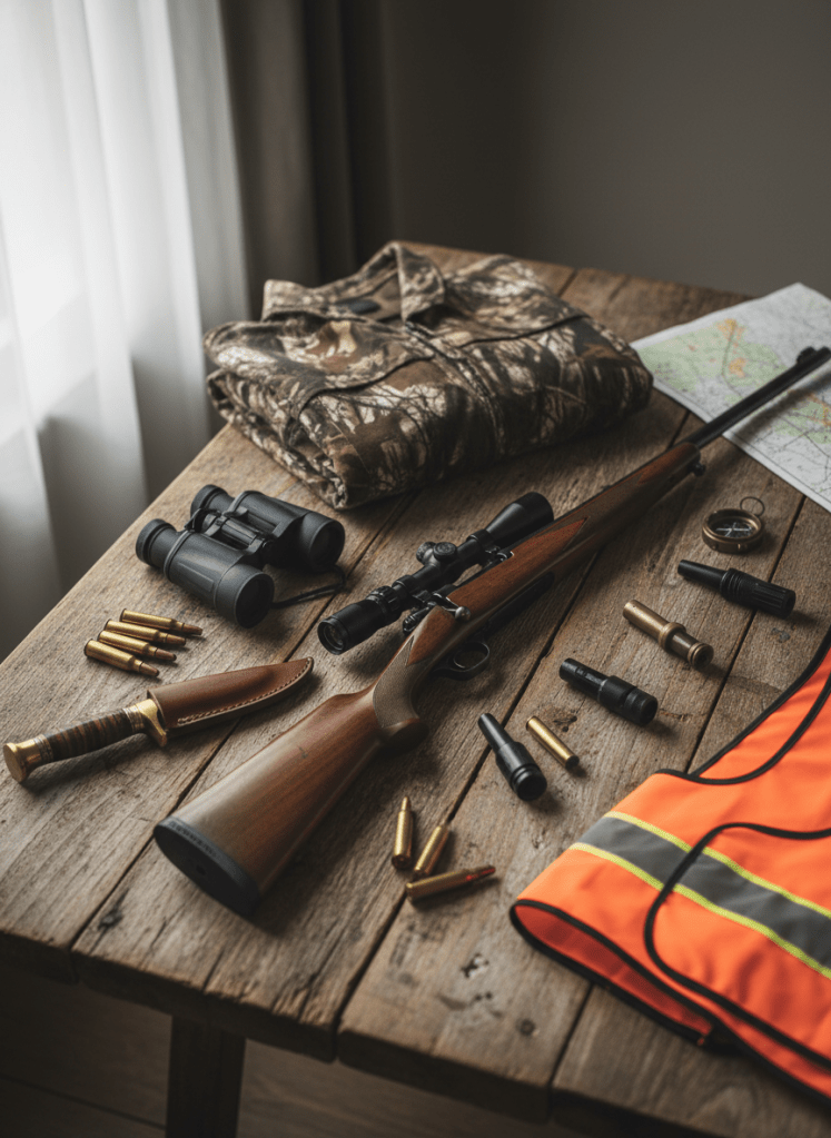 A professional flatlay of hunting gear including a rifle, camouflage jacket, binoculars, hunting knife, ammunition, deer calls, and orange safety vest arranged on a rustic wooden surface with natural light