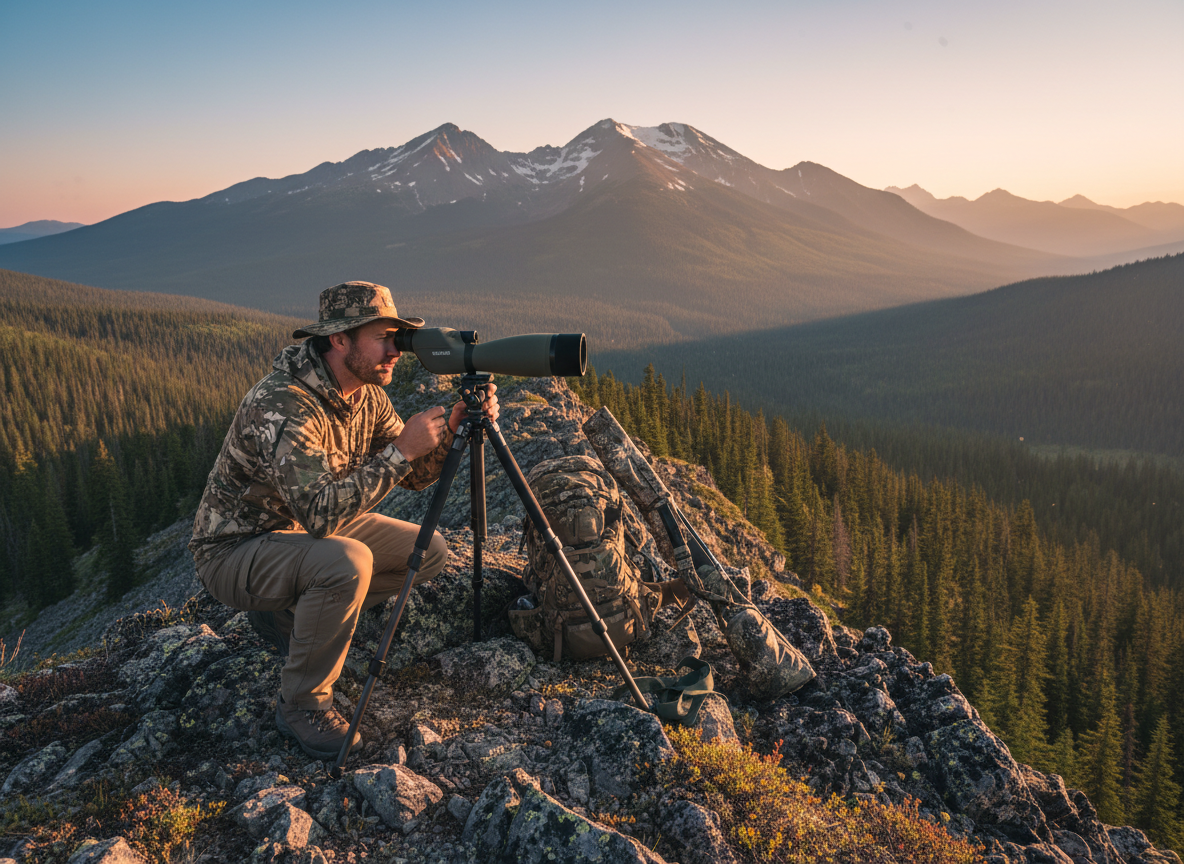 A rugged outdoor photographer crouched on a rocky mountain ridge, looking through a spotting scope on a tripod, with a wilderness landscape in the background.
