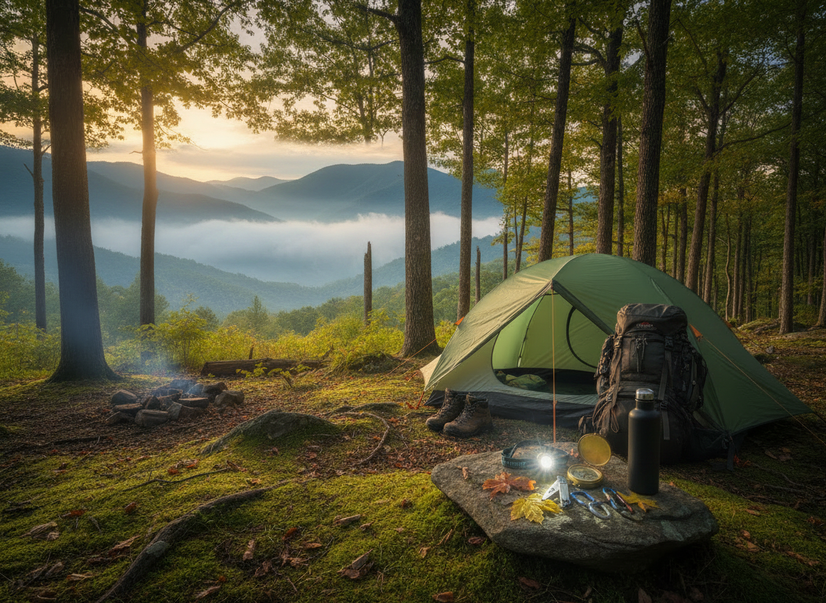 A photorealistic campsite fully set up with a misty Smoky Mountains background — rolling blue-green mountain ridges layered with atmospheric haze and low-hanging clouds, a pitched tent in the foreground on mossy forest ground, muddy hiking boots outside the tent entrance, a glowing headlamp nearby, camp tools (multi-tool, compass, carabiners), a matte BLACK water bottle and a hiking backpack on a rock, dense Appalachian forest trees surrounding the camp, golden morning light filtering through the smoky mountain mist